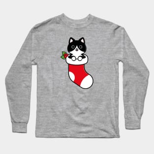 Cute Tuxedo Cat Inside a Christmas Stocking Long Sleeve T-Shirt